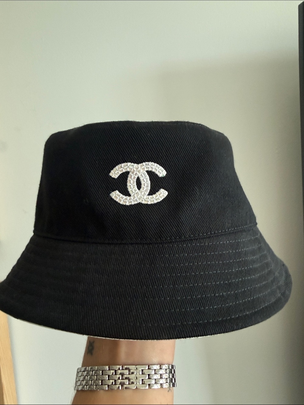 CHANEL Black Bucket Hat with sequin CC Motif